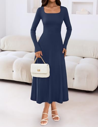 MEROKEETY Women's Sweater Dress 2025 Fall Winter Long Sleeve Square Neck Pleated Church Wedding Guest Knit Midi Dresses3