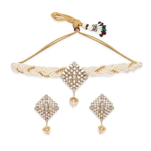 Rubans Gold-Toned Mirror Pendant with Braided White Beads Chain Choker Set For Women (B0D6RVV342) Amazon Price History, Amazon Price Tracker