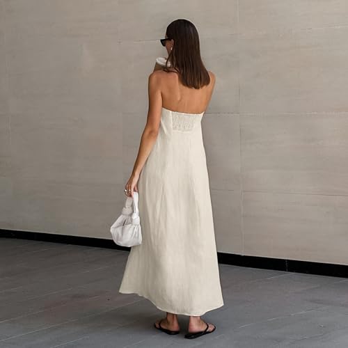 GVCXCSGE Women Strapless Linen Maxi Dress Tubular Top A-line Headband Long Beach Dress Casual Dresses, khaki, M - Image 5