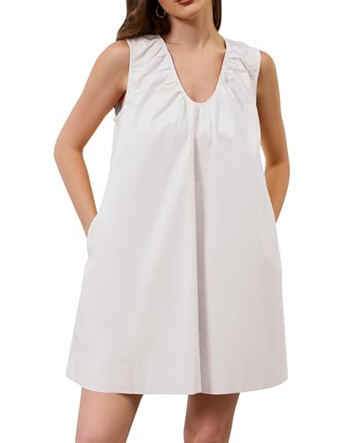 Image of Women Summer Sleeveless Babydoll Mini Dress Scoop Neck Loose Fit Tank Dresses Party Ruched Short Dress with Pockets