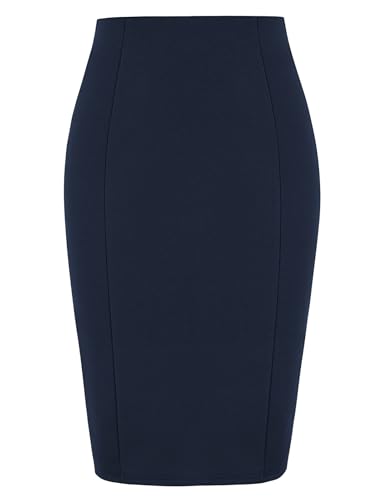 Kate Kasin Womens Pencil Skirt Knee Length Elastic Waist Stretchy Bodycon Business Skirt Navy