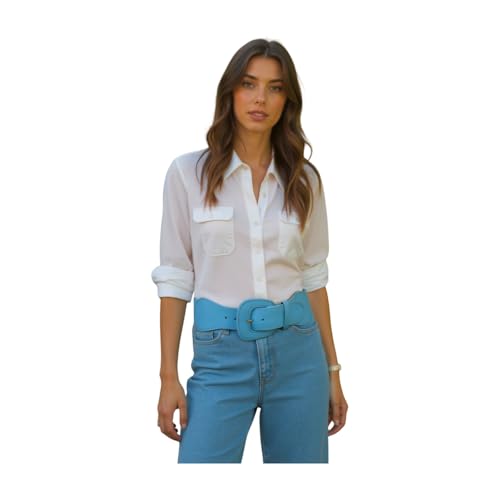 Women Light Blue Elastic Belt - Hip Waist Wide Waistband Big Buckle M L Powder Pastel z2254