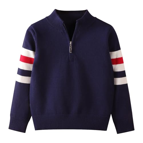 Danny D Boys Quarter Zips Up Chunky Stripe Sweater Kids Knit Warm Pullver Tops﻿ Little Kid Long Sleeve Knitwear Sweater﻿ (US, Age, 5 Years, Navy Blue)