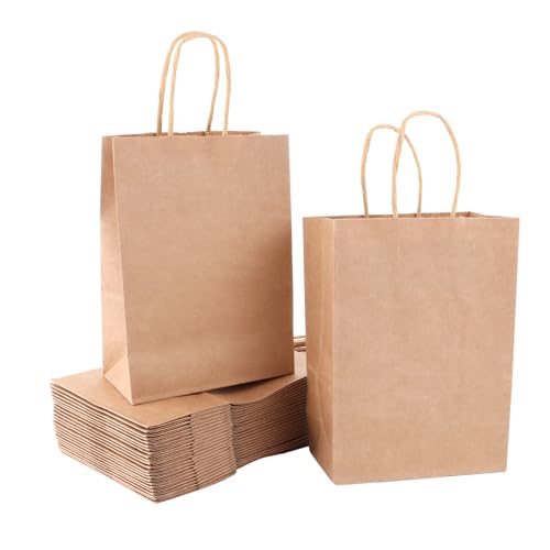 LDXDRU 150 Pcs Sac kraft avec poignée, 15x8x21cm Marron Sac Cadeau, Pochette Papier Sacs Cadeaux, sac kraft petit format,Sachet Kraft pour Fête Noël Mariage...