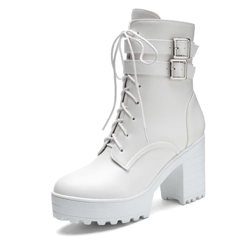 Image of FOREADA Goth Platform Heel Combat Boots Women Pearl Lace Victorian Booties