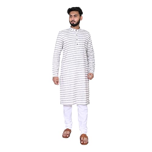 RICHART Men's Cotton Linen Kurta & White Churidar Pyjama Set