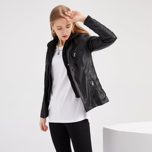 Women's Faux Leather Jacket Biker Coat Motorcycle Jacket with Detachable Hooded3