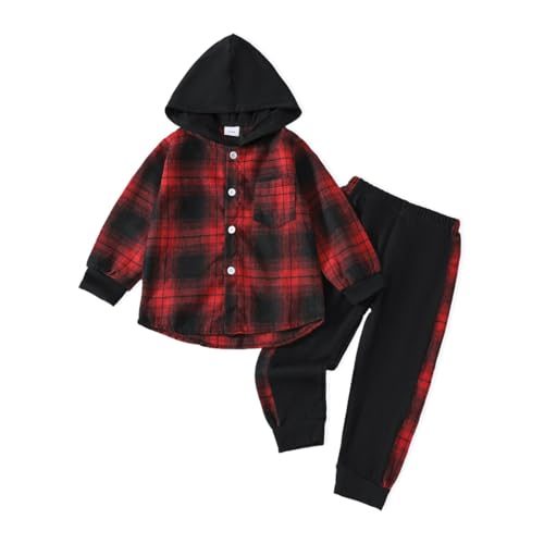 Image of OLMRJKD Toddler Baby Boy Clothes Plaid Long Sleeve Hoodie Sweatshirt + Pants 2pcs Boys Outfit Set
