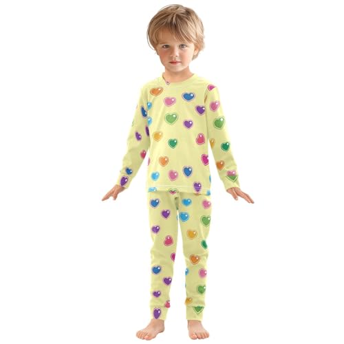 Pajama Sets Long Sleeve Colorful Hearts Yellow Background Soft Comfy Sleepwear 2 Piece PJS 3-8T2