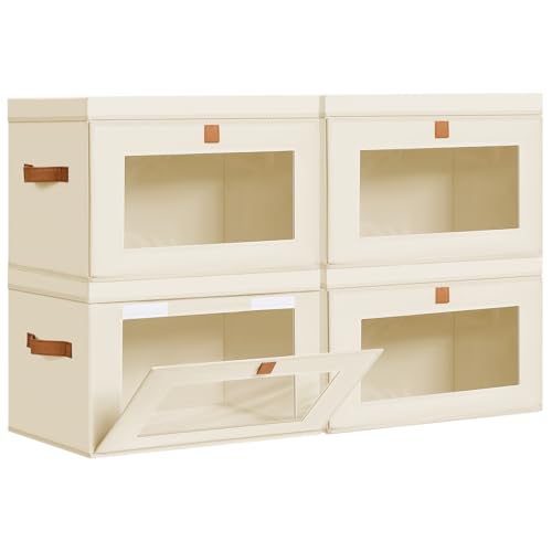 Image of DIMJ Storage Bins with Lids - 4 Pack Large Fabric Closet Organizer with Window & Handles, Collapsible Decorative Storage Boxes for Shelves Under Bed, Books Clothes Blankets Sweaters Organization