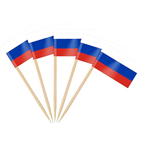 AhfuLife 100 Stück Russian Zahnstocher Flaggen, Russisch Deko Fahne Klein Mini Zahnstocher Russian Fähnchen für WM Cupcake Topper Toothpick Cocktail Party Pub Deko