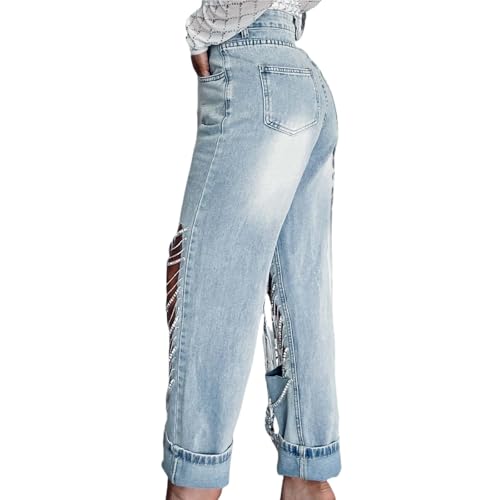 Women's High Waist Straight Leg Jeans Baggy Ripped Metal Chain Distressed Denim Pants