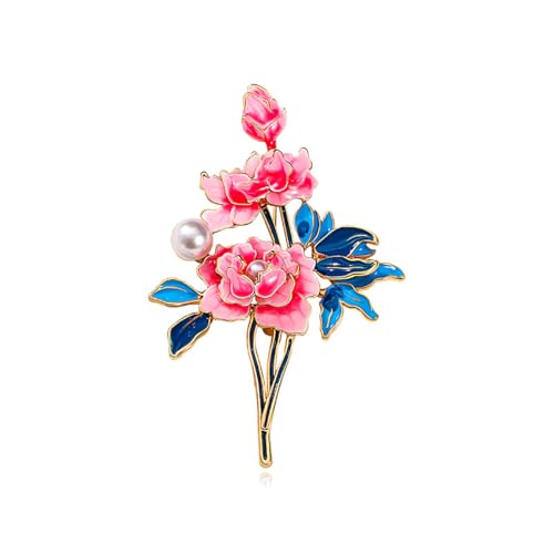 Image of Peony Flower Brooch Elegant Enamel Peony Brooch Lapel Pins Pink Blue Flower Brooch Clothing Hat Suit Bag Jewelry Accessories for Women