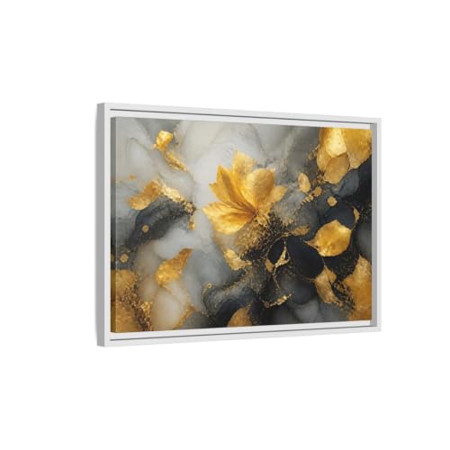 Toile imprimée fleur dorée et grise 60x40 cm avec cadre blanc
