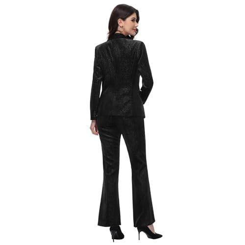 Lamgool Women Pantsuit Dressy Silver Thread Velvet 2 Piece Suit Set Blazer and Flared Pants4