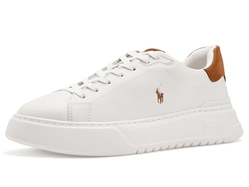 POLO RALPH LAUREN Mens RLite Court Tumbled Leather Sneakers Off White/Tan 12 Medium
