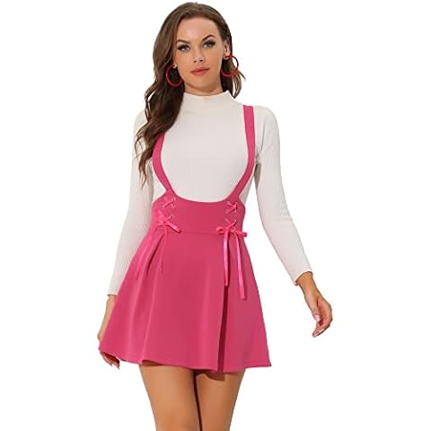 Allegra K Mini Falda de Cintura Alta con Cordones y Tirantes Hot Pink Cover