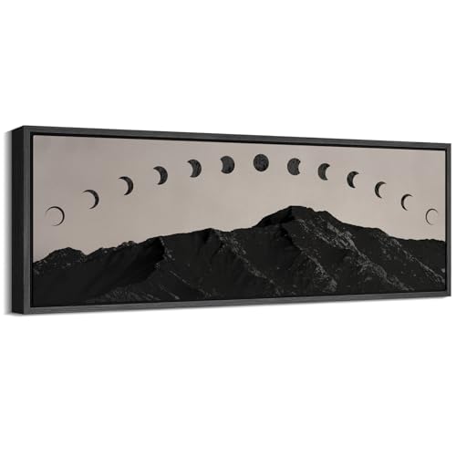 Image of MUDECOR Large Framed Canvas Print Wall Art Black Mountain Silhouette with Moon Phases Minimalist Antique Retro Ready to Hang Painting for Living Room Bedroom Multi-Sizes - 60 inchx20 inch