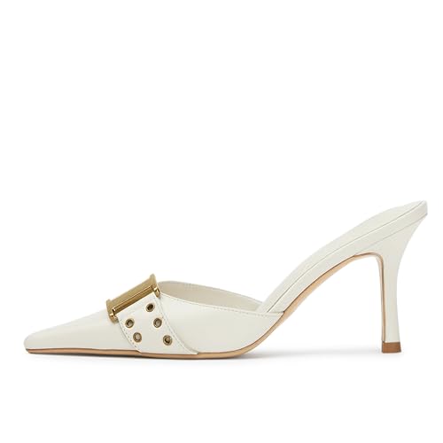 Image of DOEYG Women Pointed Toe Bow Heels Mules Slip on Stiletto Heels Sandals Dress Party Wedding Studded Heels Pumps