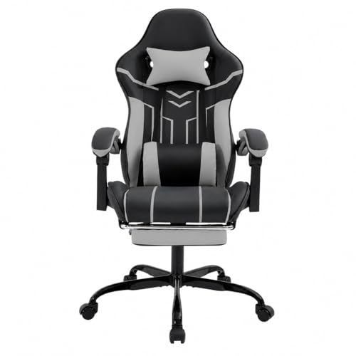 Image of Gaming Desk Chair for Adults, Ergonomic Gaming Chair with Footrest & Headrest and Lumbar Support, Leather Material Height Adjustable Computer Video Game Chairs (Black+Gray)