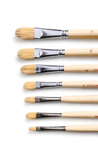 Image of Professional Filbert Hog Hair Paint Brush Set | Natural Bristle Brushes for Oil & Acrylic Painting, Soft Blending, Curved Strokes & Smooth Finish Artwork | Sizes 0-12, Set of 7