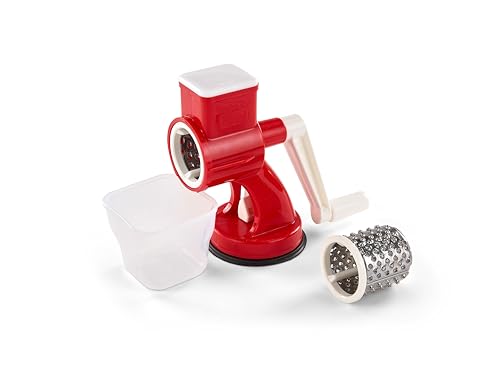 Rigamonti Universal Manueller Grater mit Behälter, Reibe für Käse, Obst und Gemüse, Doppelwalze aus Edelstahl, BPA-frei, rot, spülmaschinenfest