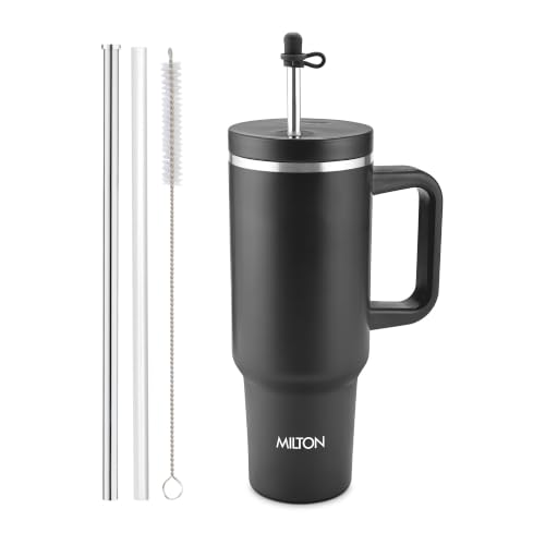 Image of Milton My Tumbler 1200 Thermosteel Double Wall Vacuum Insulated Stainless Steel Tumbler with Handle 1100ml,Leak Proof Travel Mug with Straw,Silicon Cap Cleaning Brush, Hot & Cold Beverage Flask, Black