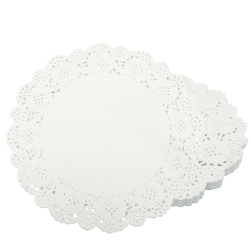Bonsicoky Paquete de 100 tapetes de papel de encaje blanco de 10.5 pulgadas para alimentos, manteles individuales redondos de papel para fiesta de cumpleaños y decoración de mesa de boda