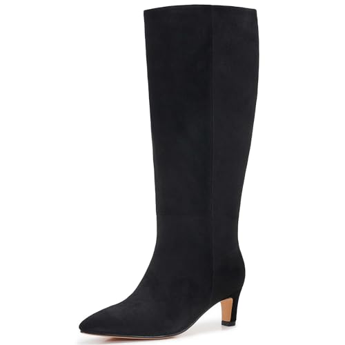 Plus Size Wide Calf Knee High Boots for Women – Pointed Toe Stiletto with Kitten Heel, Low Heel Dress Boots