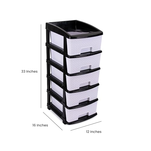 Image of Plastic Modular Drawer Storage Chest Of Drawers Organizer Storage Box, Large Stomo Racks For Multipurpose Anti-slip Shoes Organizers (White & Black, 5 Layer)