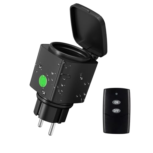 HBN Funksteckdose Aussen IP44 Wasserdicht - 1x Steckdose + 1x Fernbedienung, 3680 W, 30 m Reichweite Funksteckdosen mit Fernbedienung für Garten, Terrasse, Balkon & Outdoor Beleuchtung