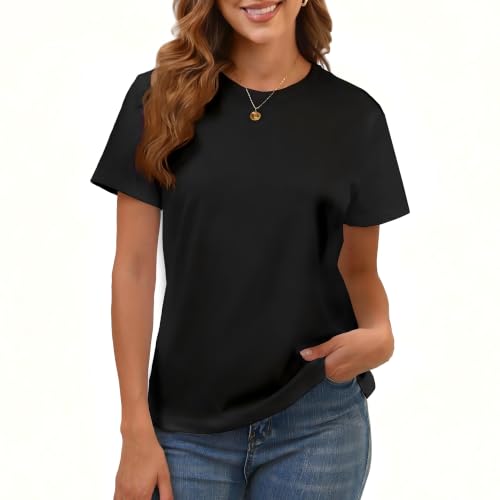 100% Cotton Black Basic T Shirts for Women,Crew Neck Short Sleeve Shirts, Loose Fit Plain Tops,Workout Shirts, Tops, Undershirts