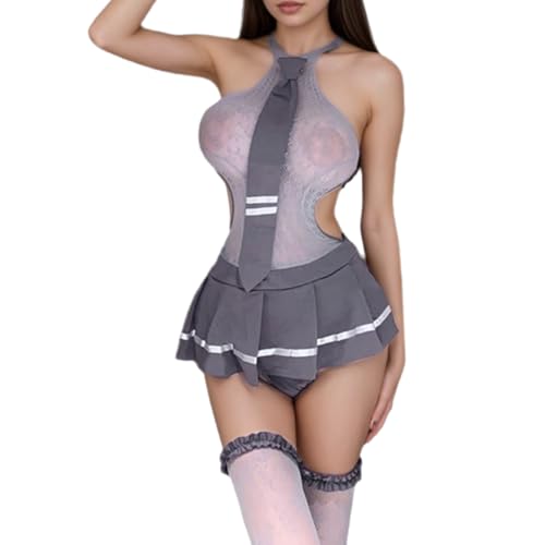 VicSec Schulmädchen Kostüm 4-teilig Cosplay Dessous Uniform für Frauen Roleplay Babydoll Studentenoutfit Mini-Faltenrock Damen Unterwäsche mit...