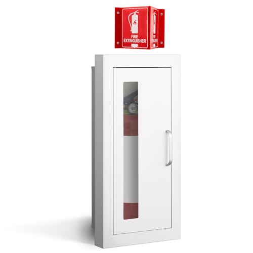 Zonon Semi-recessed Fire Extinguisher Cabinet with Acrylic Sign Steel Fire Extinguisher Box with Magnetic Door White Industrial Grade Wall Mount 2.5 Inch Trim for 10lb Dry Chemical (Small Window)