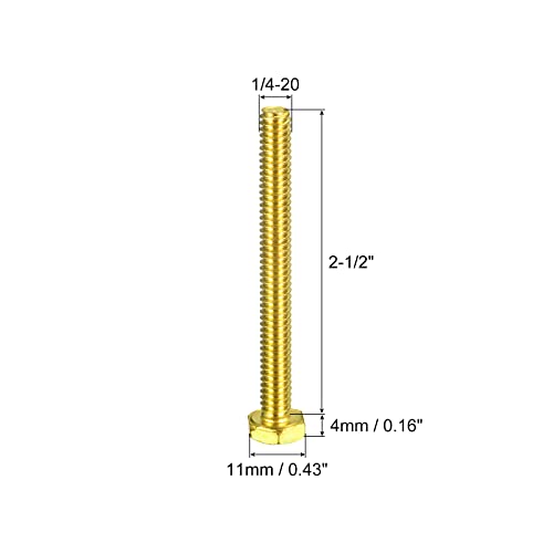 Image of uxcell Brass Hex Bolts, 1 /4-20x2-1 /2 2pcs Fully Thread Grade 4.8 Solid Brass Hexagon Head Bolt Machine Screws for Machinery