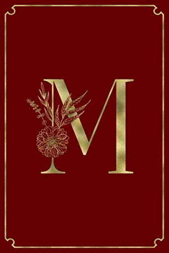 M: Letter M Initial Personalized Monogram Notebook - Gold Flower Ornament Frame on Velvet Red College Ruled Notebook, Writing Pad, Journal or Diary ..