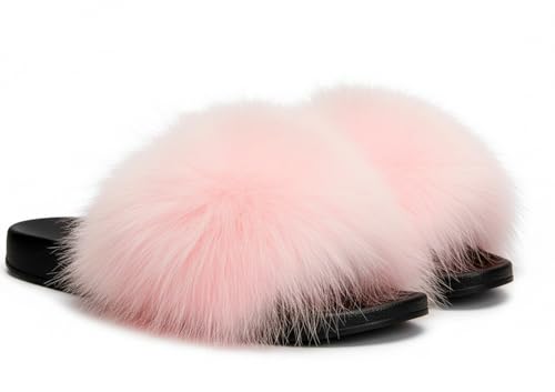 Image of Faux Fur Slides for Women, Fuzzy Slippers Fluffy Sandals Furry House Shoes Indoor Outdoor