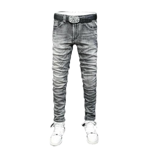 Men's Jeans Retro Dark9 Gray9 Elastic Slim Fit Ripped ​​Trousers Men Vintage Casual Denim Pants