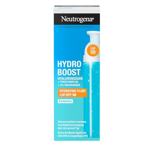 Neutrogena Hydro Boost Aqua Fluid LSF 50 50 ml, parfümfreie Tagescreme mit LSF 50, leichte Gesichtspflege mit Hyaluronsäure, Vitamin B5 und Niacinamid für intensive Feuchtigkeit