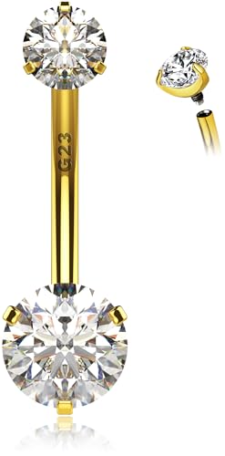 14K Gold Titanium Belly Button Rings Internally Threaded with Grade AAAAA Cubic Zirconia - G23 Implant Grade Titanium Gold Belly Button Rings - 14g Bar Navel Ring Piercing Jewelry Internal Thread Bellybutton Ring For Women 10mm 3/8