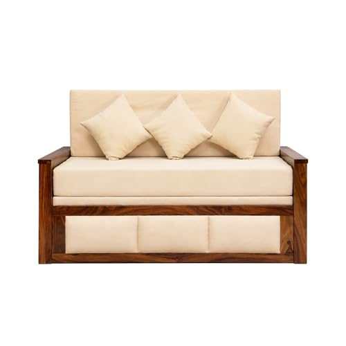 Image of SONA ART & CRAFTS Zeus Sheesham Wood 3 Seater Sofa Cum Bed | Wooden 3 Seater Sofa for Living Room Wooden Furniture Sofa Bed for Home (Natural Finish)