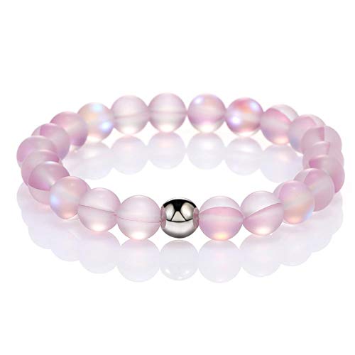 4Pcs Mystic Mermaid Beaded Stretch Bracelet Handmade Round Glass 8Mm Multicolor Matte Beads Elastic Bracelet Shining Moonstone Beads Wristband For Women Girl Valentines Jewelry(A) #TOP1