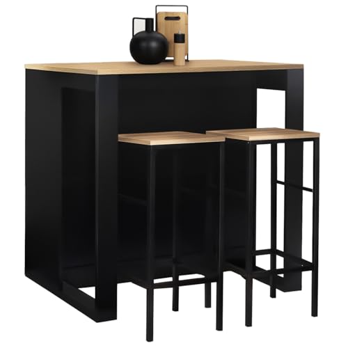 IDMarket - Ensemble Table de Bar îlot Juno Bois Noir avec Plateau façon hêtre et 2 tabourets de Bar Detroit