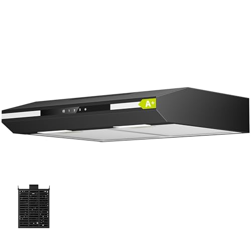 CIARRA CBCB6921 Hotte Aspirante Sous Meuble 60cm, Classe A+, Commande Tactile, 3 Vitesses, Évacuation/Recyclage, avec Filtre à Charbon CBCF011, Noir