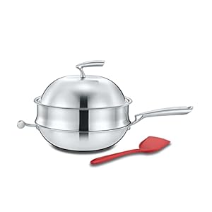 Concord x Duck House Premium 3 Ply Stainless Steel Non-Stick Chinese Wok with Domed Lid Steamer Rack. Great for Stir Fry and Steaming