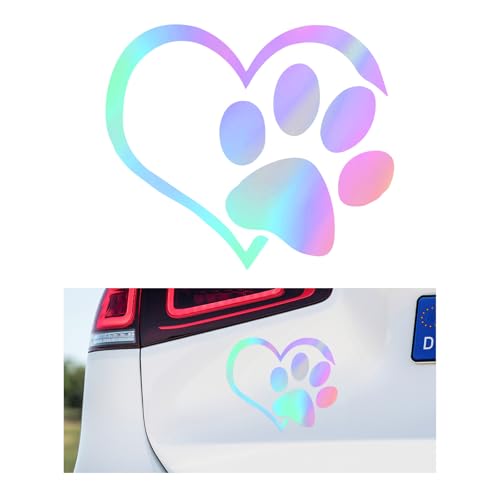 Image of DXNQ Pet Dog Paw Puppy Love Heart Vinyl Decal, 4.6 inch x 3.7 inch Heart with Dog Paw Print Reflective Bumper Stickers, Cute Waterproof Puppy Footprint Heart Decal for Window Laptop Wall (Colorful)