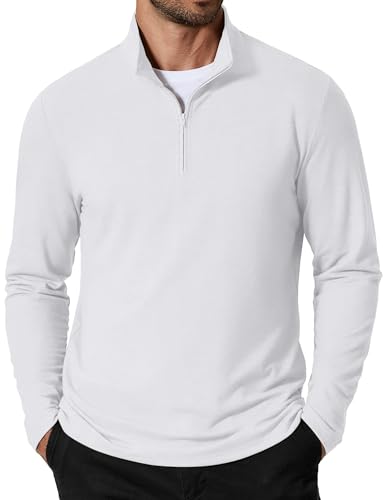 COOFANDY Mens Quarter Zip Pullover Sweatshirt Mock Neck Golf Shirts Casual Long Sleeve Shirt White