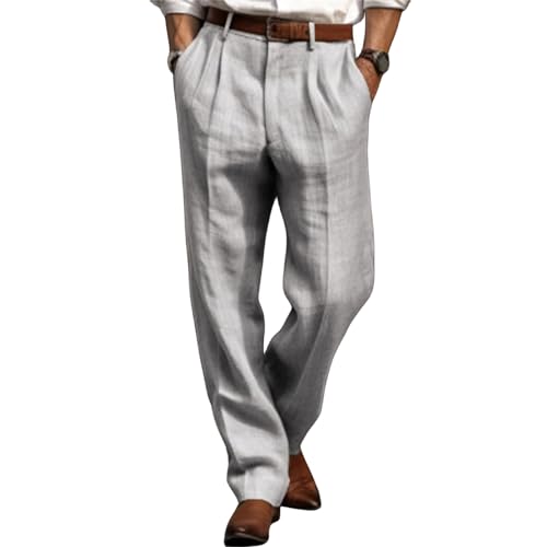 Mens Pleated Front Casual Pants Solid Twill Linen Dress Pant Loose Fit Straight Legs Elastic Waist Trousers for Men