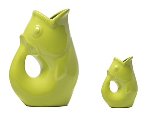 Gurgle Pot Fish Pitcher, Set of 2, Kiwi Green, French Inspired Design, Large Pitcher 42 oz. with baby Gurgle Pot