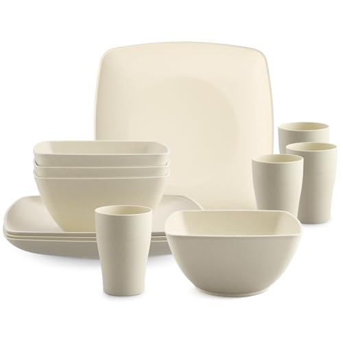 HOMGEN Juego de Platos y Tazones de Plástico de 12 Piezas- Juego de Vajilla Irrompible para Camping 4 Personas - Platos de Cocina Reutilizables, Juego de Cena Apto para Microondas y Lavavajillas